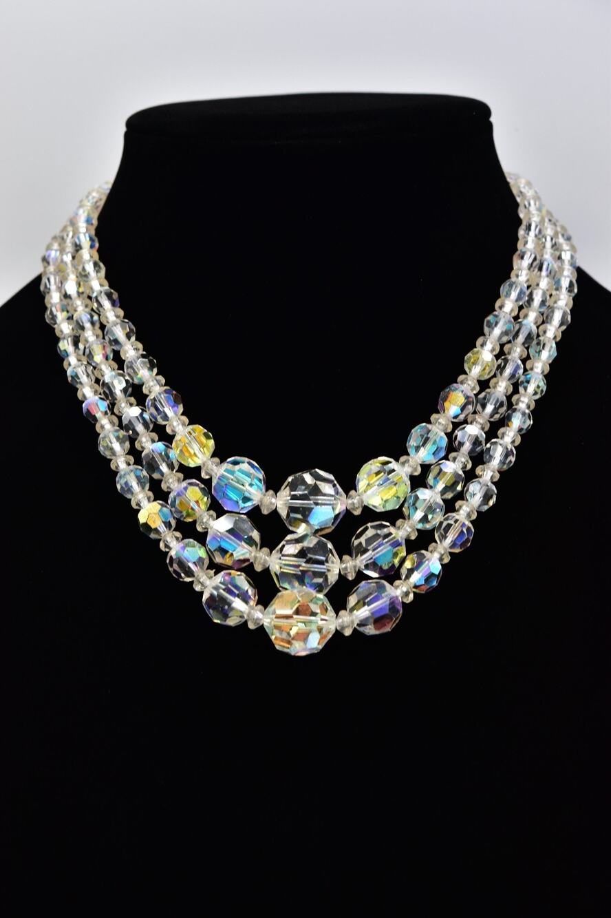 Vintage Triple Strand Aurora Borealis Crystal Necklace Iridescent Glass BinBM